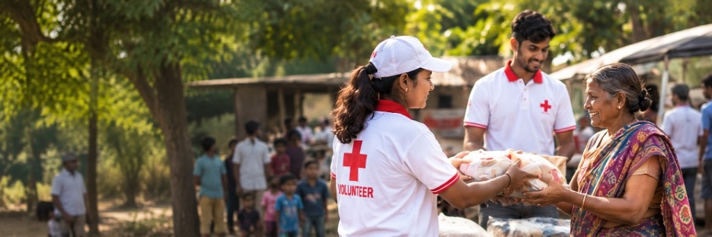 Red Cross volunteers distributing supplies to a community member