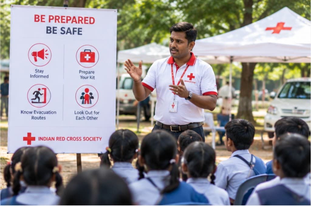A Red Cross volunteer teaching school students disaster preparedness