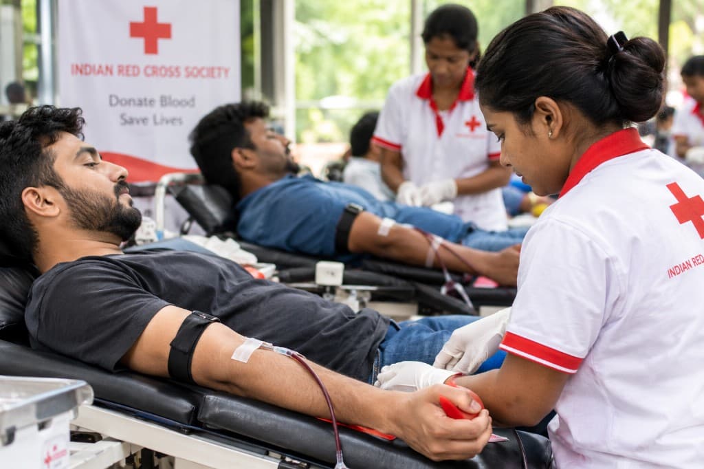 A blood donor with Indian Red Cross Society staff at a donation drive