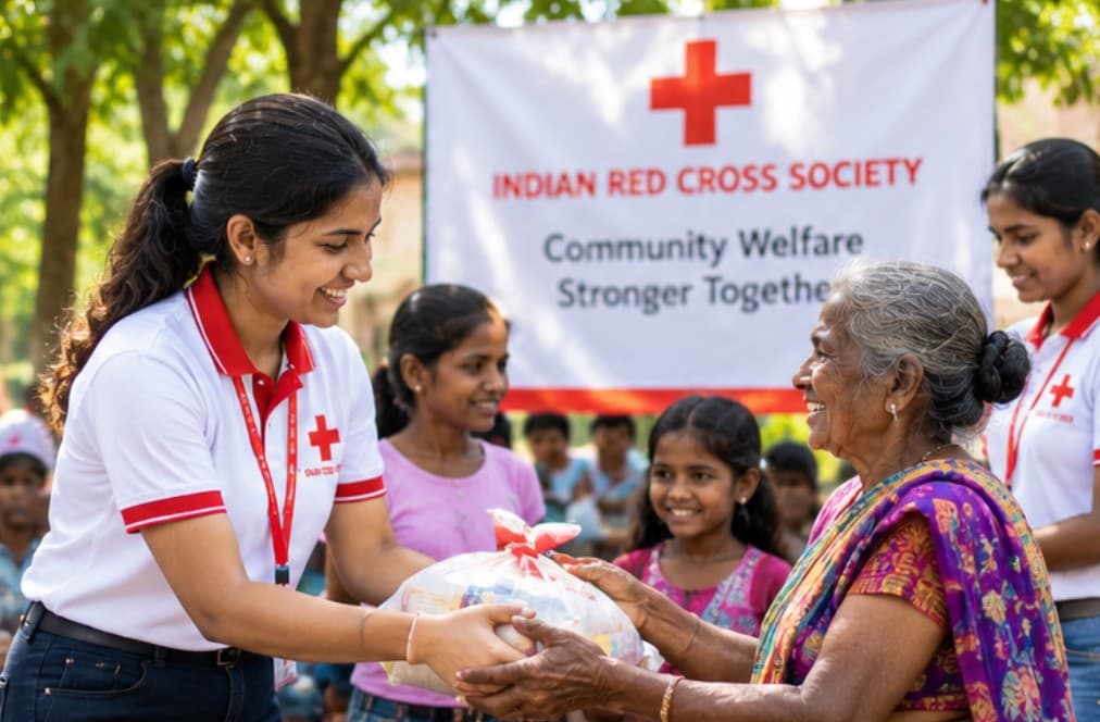A Red Cross volunteer handing a welfare kit to an elderly community member