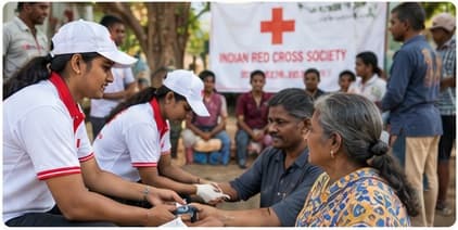Red Cross volunteers providing medical assistance at a community health camp