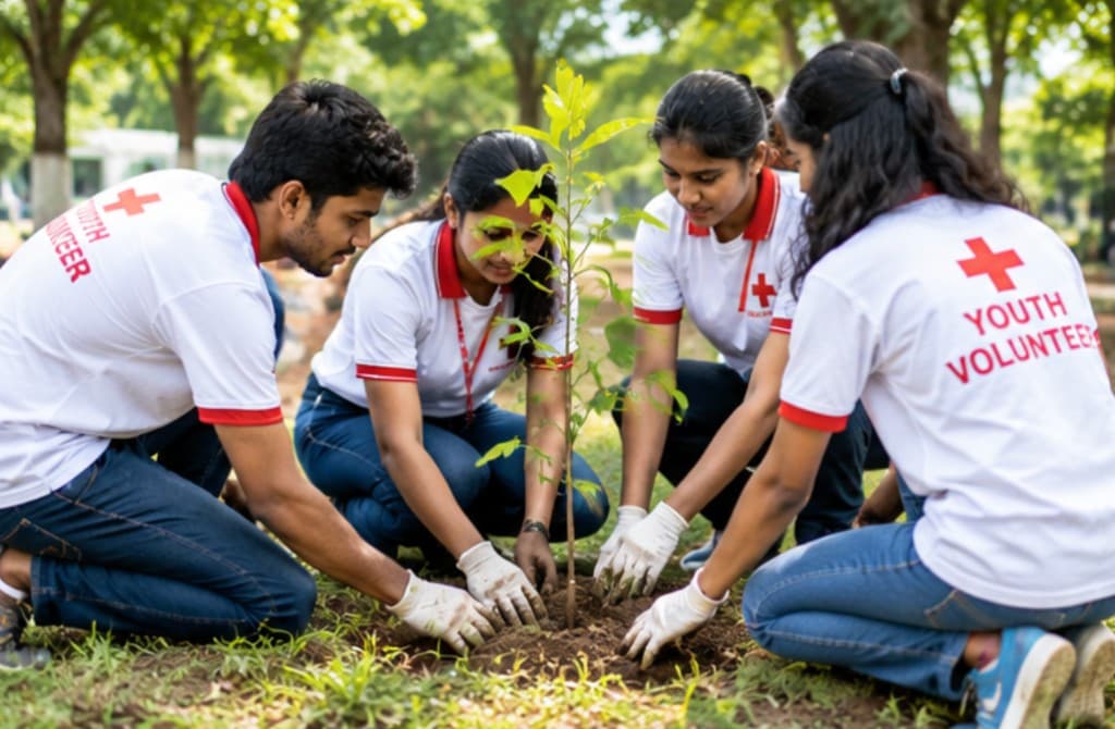 Youth Red Cross volunteers planting a tree together