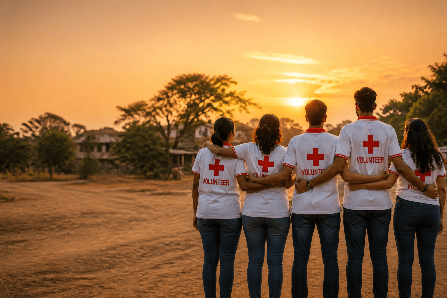 Red Cross volunteers standing together at sunset